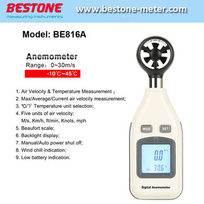 comprare Anemometro digitale Anemometro della velocità del vento 0-30m/S Anemografo BE816A fabbricazione online