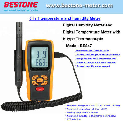 kaufen 5 in 1 Multifunktionstemperatur- und Luftfeuchtigkeitsmesser Digitales Thermometer mit K-Typ-Thermokoppel, Taupunkttemperatur, Feuchtelampentemperatur, Luftfeuchtigkeit Be847 on-line-Fertigung