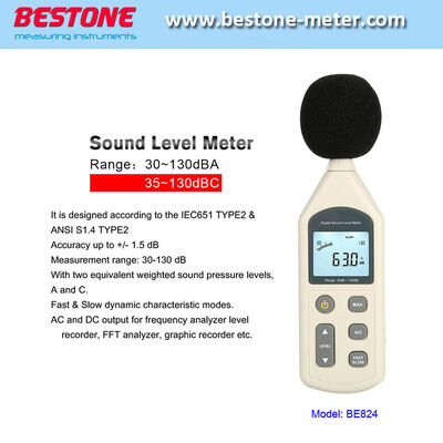 comprar Medidor de nivel de sonido de alta precisión ± 1,5 dB con rango de frecuencia de 31,5 Hz a 8,5 kHz y medidor de ruido de ponderación A/C BE824 Fabricación en línea